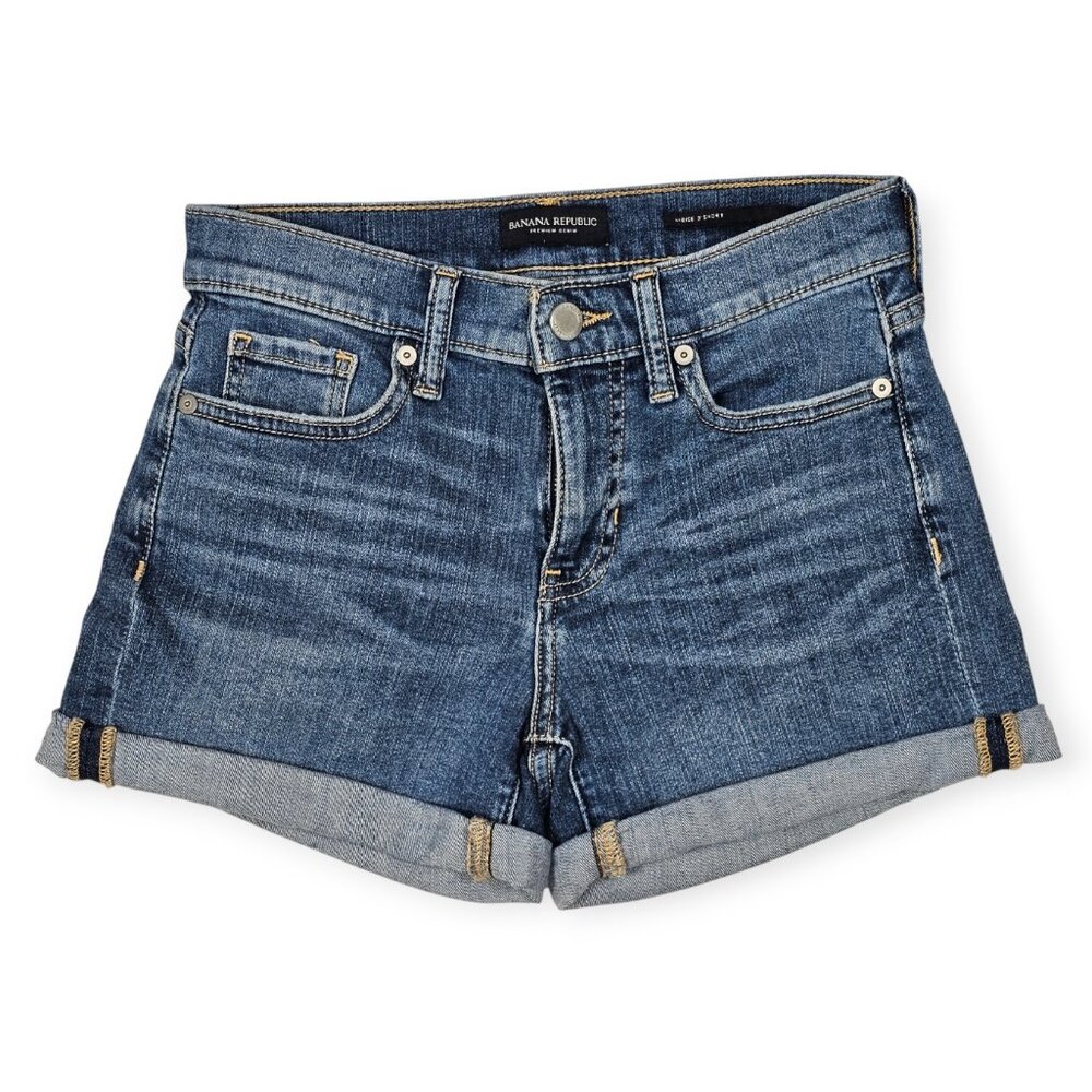 Banana Republic Premium Denim Mid-Rise 3" Cuffed Shorts Indigo 24 Petite
